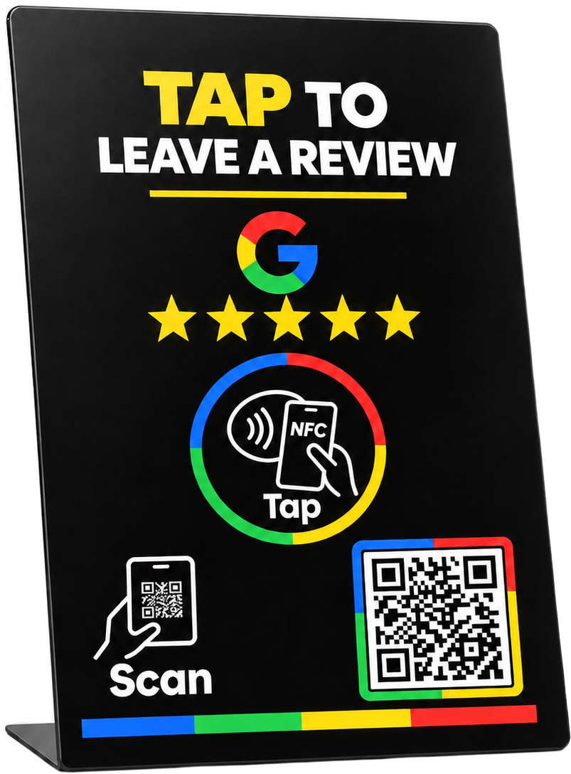 FavorTap NFC review card, black stand