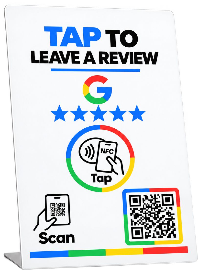 FavorTap NFC review card, white stand